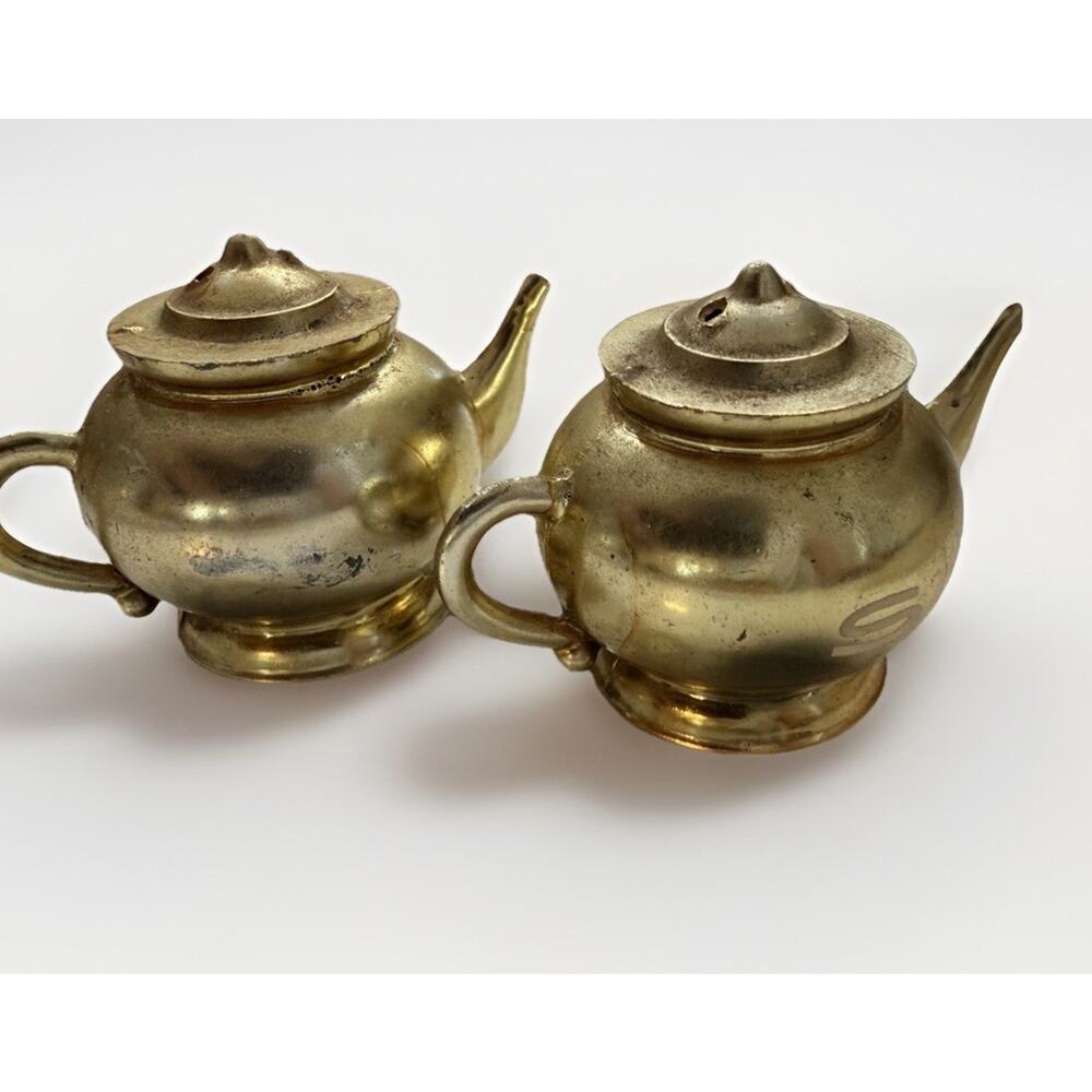 Mini Vintage Belly Teapot Salt & Pepper Shakers Gold Finish 1x2” - Picture 1 of 5